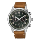 Citizen Herrenuhr Chronograph EcoDrive, braunes Lederband ,grünes Ziffernblatt, Ø43mm