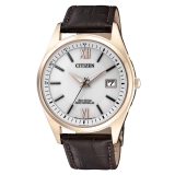 Citizen Herrenuhr Funk/Solar, Gehäuse rosé, Lederband, Datum 3,Ø39mm